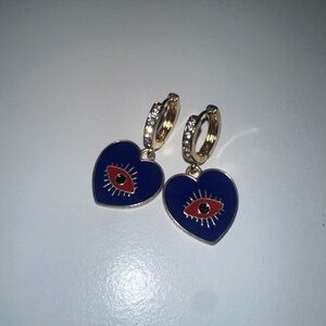Gold and Blue Heart Earrings with Eye Design